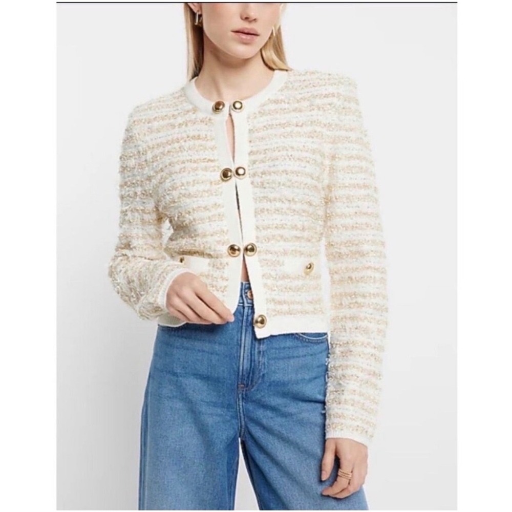 Express Womens M Lady Jacket Cream Gold Tweed Knit Cardigan Old Money Classic - Picture 1 of 12